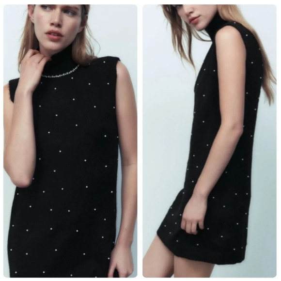 Zara Pearl Trim Knit Sweater Mini Dress Size Large Blogger's Fav - Picture 2 of 13